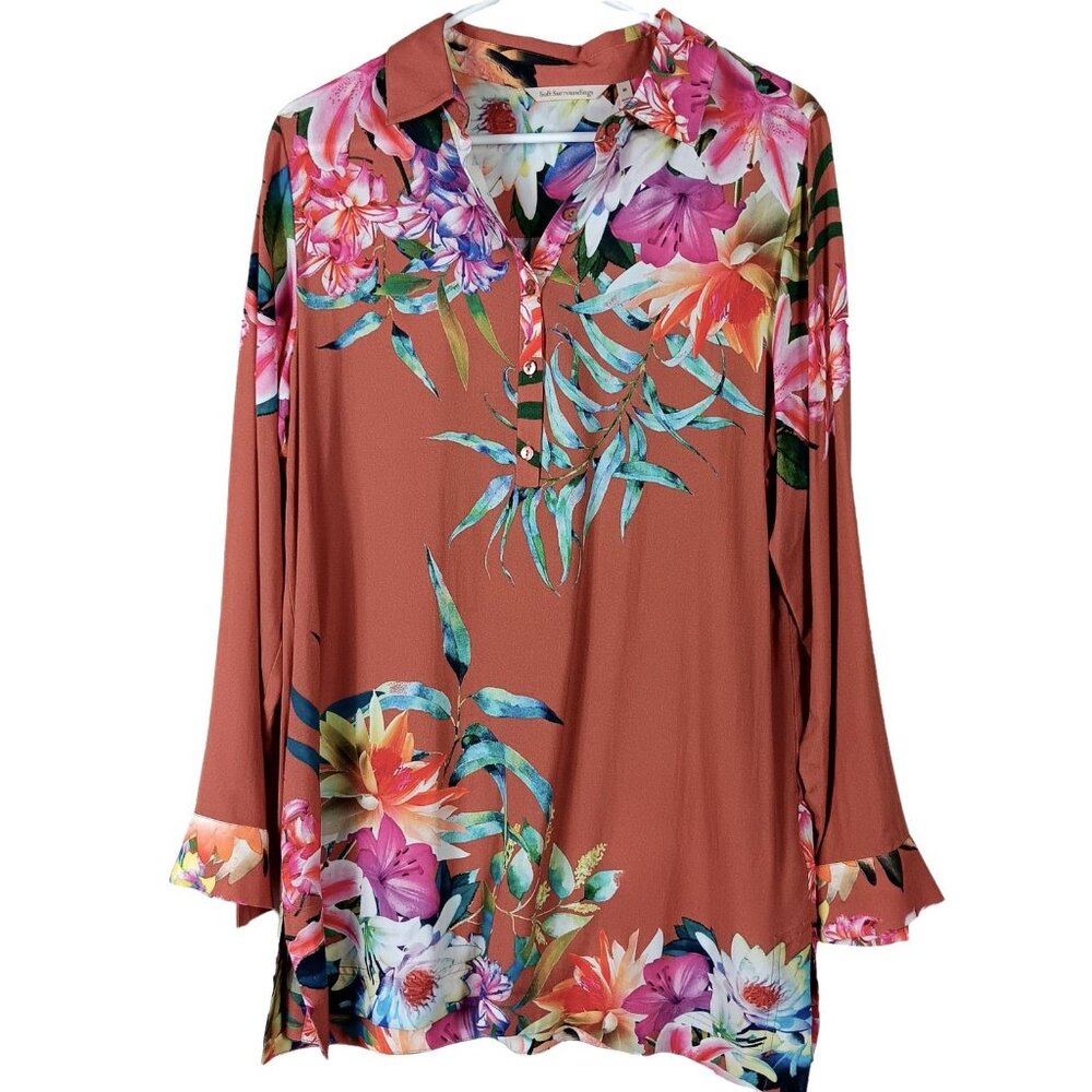 Floral Tunic Womens M Terracotta Tropical Artsy Boho Button Front Blouse